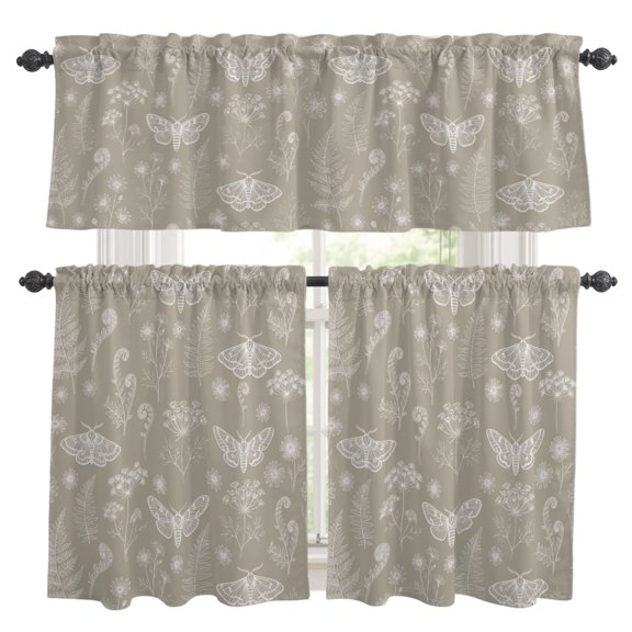Brown Luminous Moths Window Curtains Valance Set of 3 Botanical Artistic Country Wildflower Floral Leaf Rod Pocket Small Kitchen Curtain, Soft Window Treatment for Bedroom Party Holiday Decor