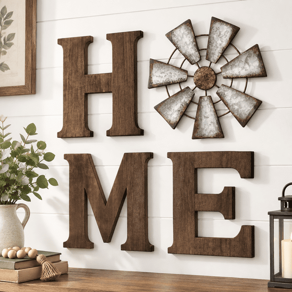 Brown MDF Wood Farmhouse Wall Sign with Metal Windmill Home Decor