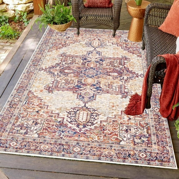 Brown Machine Washable Waterproof Outdoor Rug For Patio Deck Porch Garden Balcony Boho Non Slip Outside Area Rugs Vintage Oriental Camping Pool Large Carpet 4x5ft