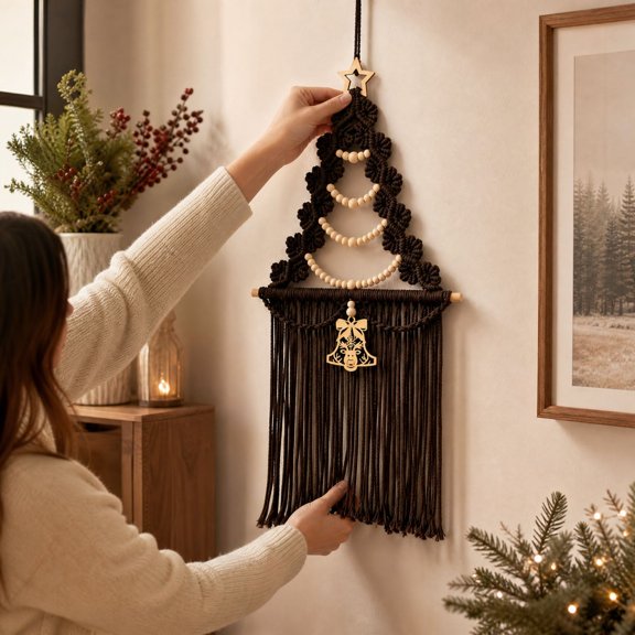 Brown Macrame Christmas Tree Wall Hanging with Wooden Beads and Tassels, Boho Woven Tapestry for Home Living Room Wall Decoration