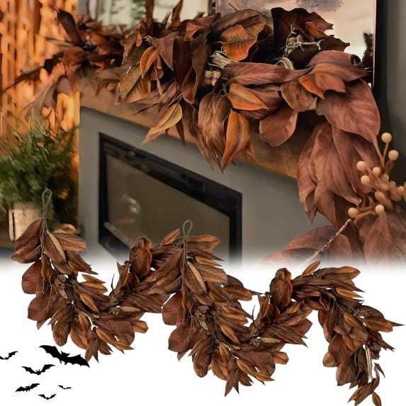 Brown Magnolia Leaf Garland, 6ft Autumn Decoration Artificial Magnolia Garland with Pinecones, Autumn Magnolias Leaf Artificial Garlands, for Fireplace Mantel, Christmas, and Thanksgiving Decorations