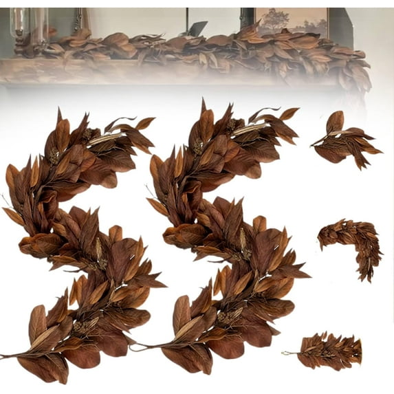 Brown Magnolia Leaf Garland - Artificial Magnolia Garland with Pinecones, Rustic Fall Decor, Garland for Fireplace Mantel, Christmas, and Thanksgiving Decorations - 2Pcs