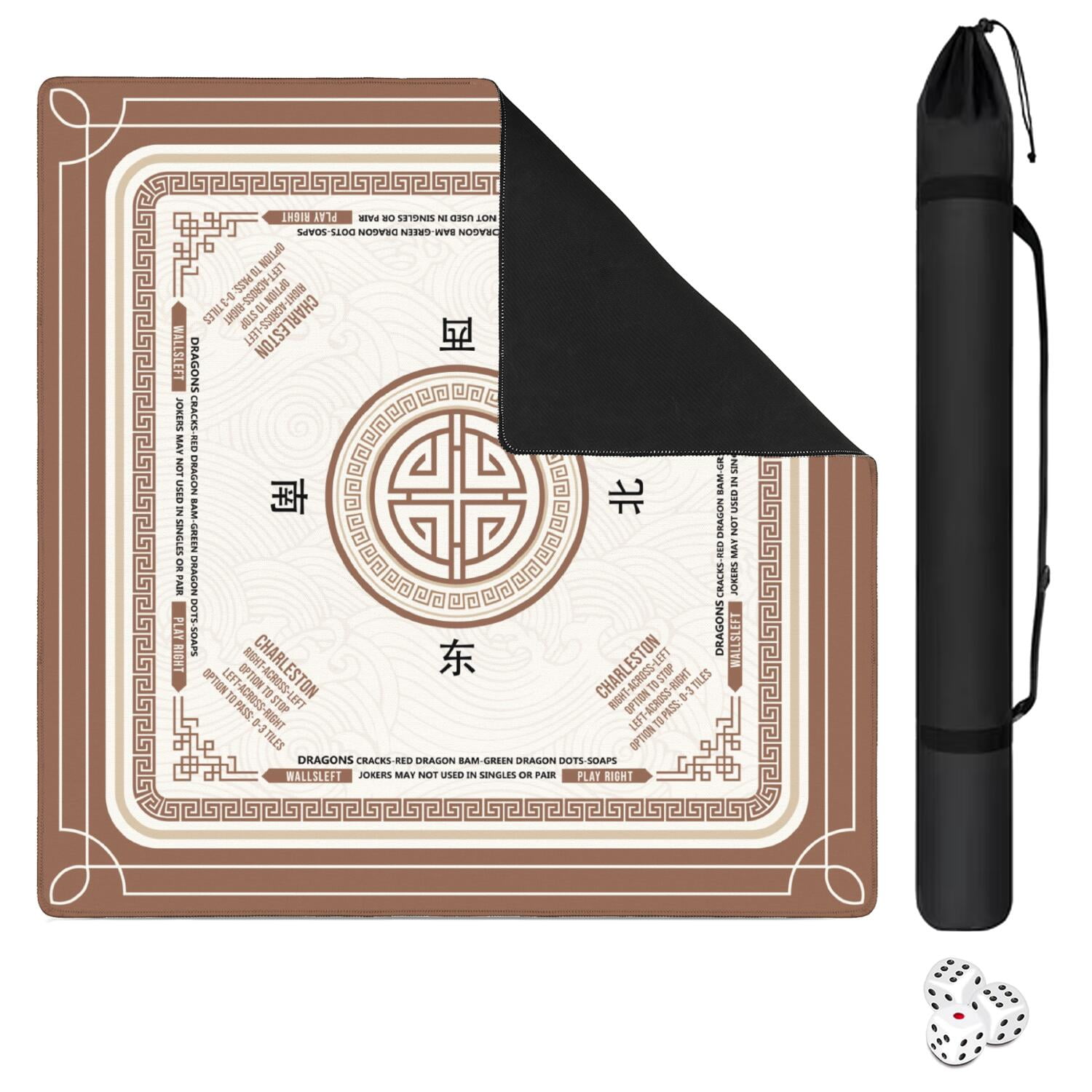 Brown Mahjong Mat with Rules, 31.5*31.5in Anti Slip American Mahjong Mat for Table, Noise Reduction, Neoprene Mah jongg Mats with Carrying Bag & 3 Dices, Mahjong Supplies Gift, Board Tile Games Mats