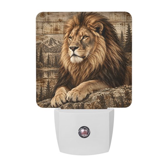 Brown Male Lion Night Light, Vintage Mountain Forest Stone Ledge Wooden Plug in Night Lights with Dusk to Dawn Sensor, Energy Saving Brown LED Nightlight for Bedroom Bathroom, Auto On/Off