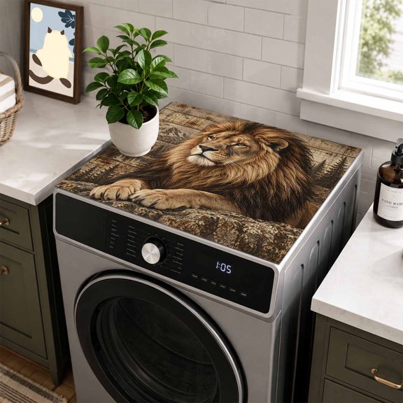 Brown Male Lion Washer Dryer Top Protector Mat 27”x27” 1 Pack, Vintage Mountain Forest Stone Ledge Wooden Non Slip Washer and Dryer Covers For the Top Washing Machine Cover for Laundry