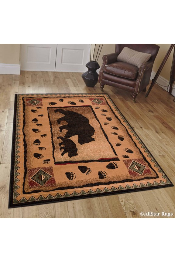 Brown Mama Bear with Cub with Paw Prints Area Rug (3' 9" x 5' 1")