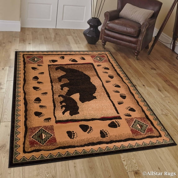 Brown Mama Bear with Cub with Paw Prints Area Rug (5' 2" x 7' 2")