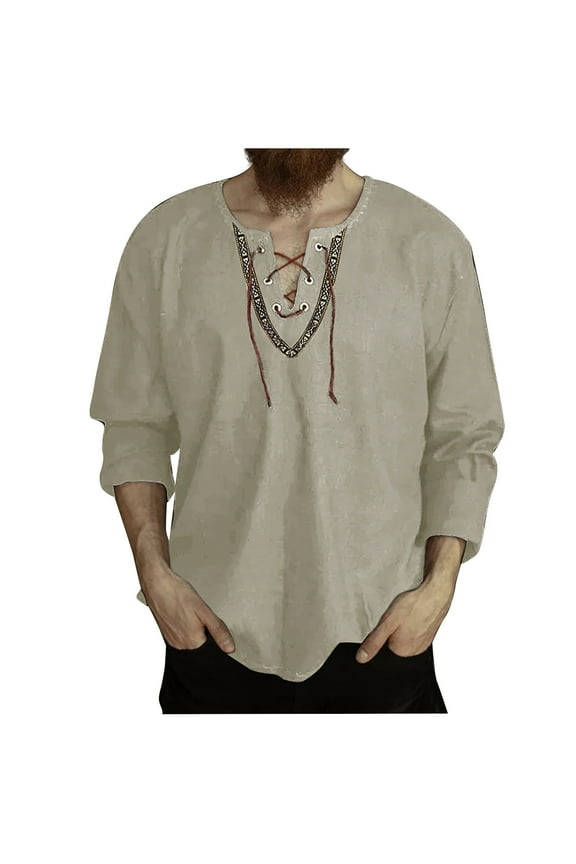 Brown Man Loose Fit Tshirts Vneck Faux Gauze Linen Tee Tops for Man Long Sleeve Casual Vintage Goth Grunge Ruched Fall Summer Tee Shirt 2025 Clothing 3XL