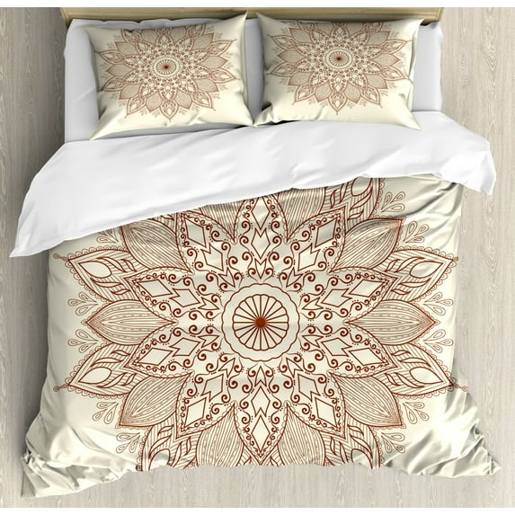 Brown Mandala Duvet Cover Set King Size, Ethnic Round Lace Pattern with Ornamental Curls Diamond and Drop Shapes, Decorative 3 Piece Bedding Set with 2 Pillow Shams, Brown Ivory, by Ambesonne