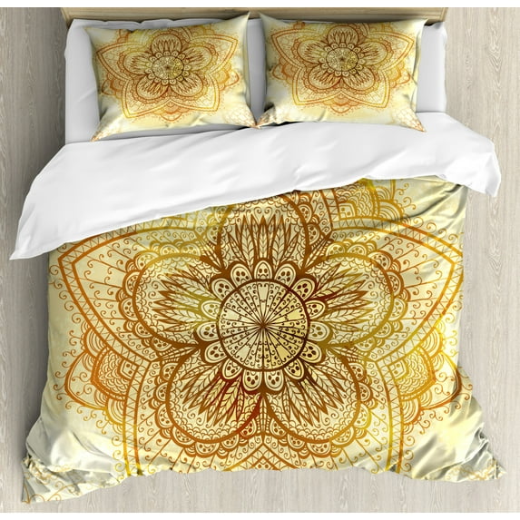 Brown Mandala Duvet Cover Set King Size, Image of an Oriental Mandala Artwork with Overlapped Leaves, Decorative 3 Piece Bedding Set with 2 Pillow Shams, Brown Ginger and Yellow, by Ambesonne