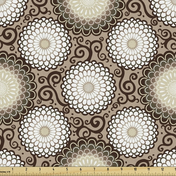 Brown Mandala Fabric by the Yard, Vintage Pattern with Contrast Oriental Dahlia Flowers Curlicues, Decorative Upholstery Fabric for Sofas Home Accents, 5 Yards, Chocolate White Tan by Ambesonne