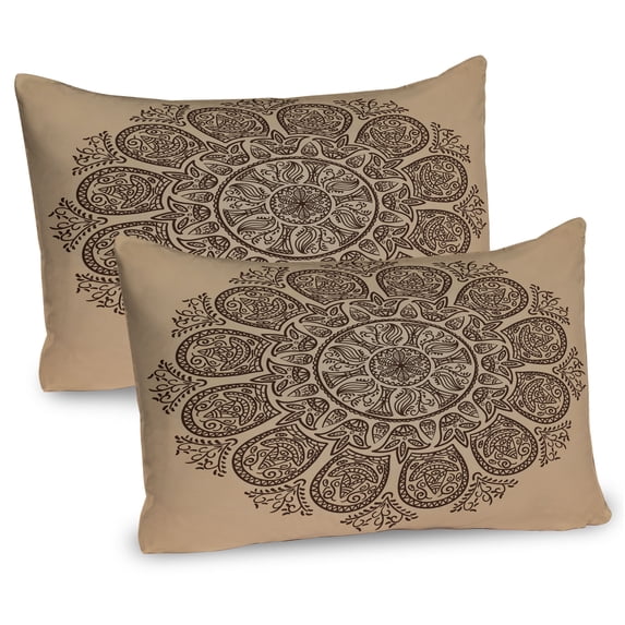 Brown Mandala Pillow Sham Set of 2, Abstract Round Mandala Designed with Flower Leaves and Stems Elements, Quality Microfiber Bedding Item for All Seasons, 26" x 20", Brown Tan, by Ambesonne
