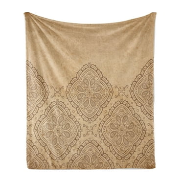 Brown Mandala Soft Flannel Fleece Blanket, Diamond Shape Continuous Pattern of Oriental Motifs on Grungy Background, Cozy Plush for Indoor and Outdoor Use, 50" x 60", Tan and Cocoa, by Ambesonne