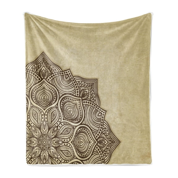 Brown Mandala Soft Flannel Fleece Throw Blanket, Close up Detail of Hand-Drawn Oriental Flower in Cultural Style, Cozy Plush for Indoor and Outdoor Use, 50" x 60", Beige and Brown, by Ambesonne