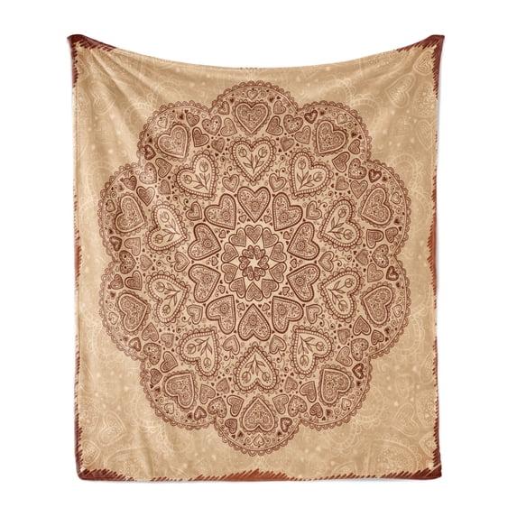 Brown Mandala Soft Flannel Fleece Throw Blanket, Doodle Circular Form Mandala Ornamented with Hearts Sprouts, Cozy Plush for Indoor and Outdoor Use, 50" x 70", Chestnut Brown and Beige, by Ambesonne