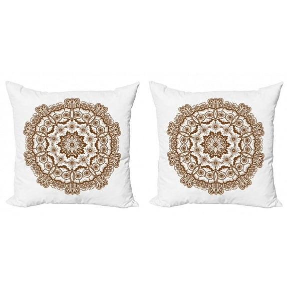 Ambesonne Mandala Throw Pillow Cover 2 Pack, Monochrome Circles Ornate, 16", Chocolate and White