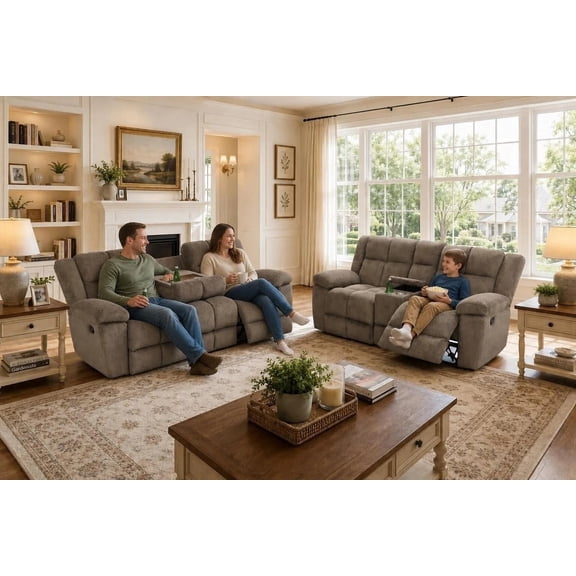 Brown Manual Microfiber Recliner Sofa Set for Living Room/Office