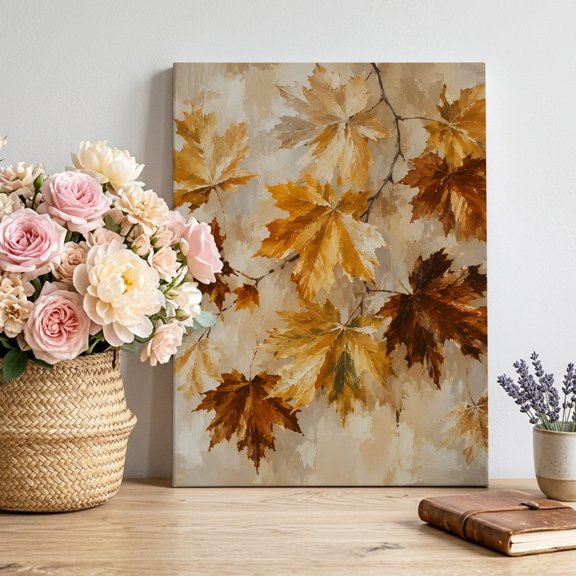 Brown Maple Leaf Canvas Wall Art for Living Room, Rustic Khaki Dark Twigs Vintage Oil Painting Style Poster Print Painting for Bedroom Office Home Decoration Wall Pictures Prepare To Hang 8"x12"