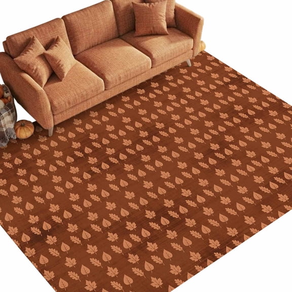 Brown Maple Leaves 8'x10' Washable Area Rugs for Living Room Office, Tiny Orange Leaf Stripes Rustic Farmhouse Stain Proof Sturdy Non Slip Large Rectangle Lounge Area Rug