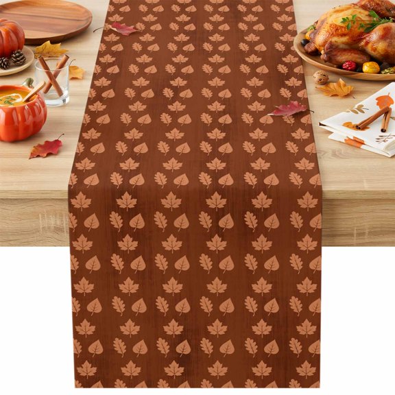 Brown Maple Leaves Table Runner, Tiny Orange Leaf Stripes Rustic Farmhouse Cotton Linen Kitchen Table Decoration Washable Dining Tabletop Runners for Home Party Decor 13x48 Inches