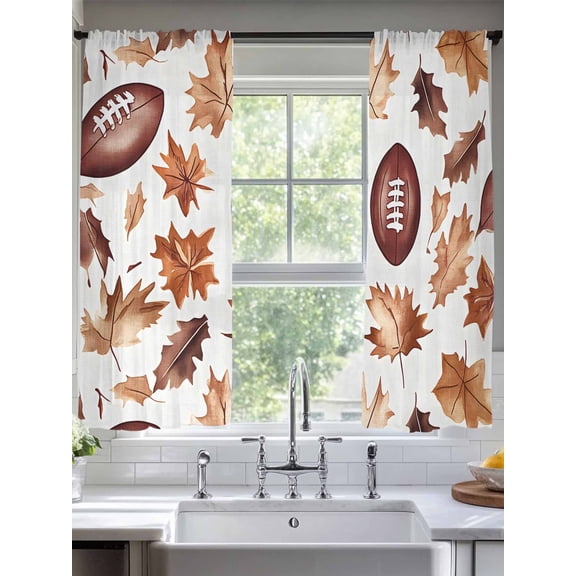 Brown Maple Sheer Curtains 2 Panels Set, 52" W x 72" L Leaf American Football Retro Modern Art Light Filtering Rod Pocket Voile Drapes, Window Sheer Curtains for Living Room/Bedroom