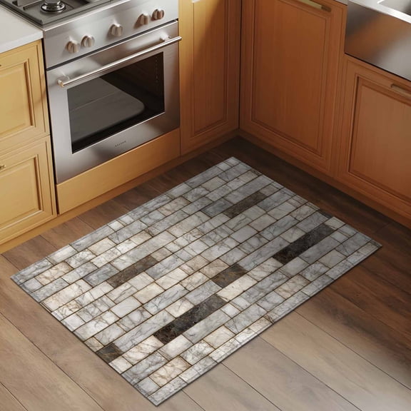 Brown Marble 2x3 Rug for Entryway Front Door Kitchen Sink Area, Country Vintage Stone Wall Marble Brick Low Pile Washable Non Slip Rectangle Area Rug