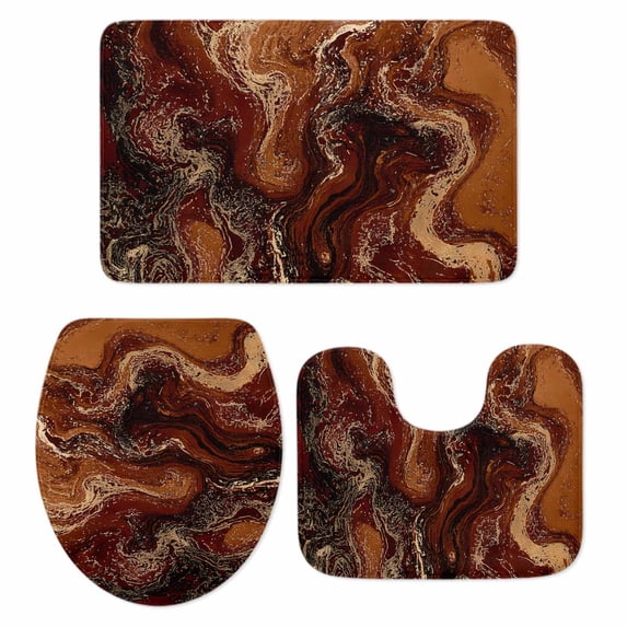 Brown Marble Bath Mat 3 Piece Bathroom Rug Set, Ombre Abstract Striped Mottled Aesthetic Non Slip Bath Rug Contour Mat and Toilet Lid Cover, Absorbent Shower Mats Soft Bath Rugs and Mats Sets