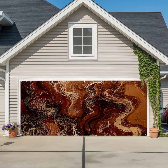 Brown Marble Garage Door Cover Banner 7 x 16 FT, Ombre Abstract Striped Mottled Aesthetic Garage Door Curtains Backdrop with Grommets for Indoor Outdoor Wall Party Porch Yard Decorations Background