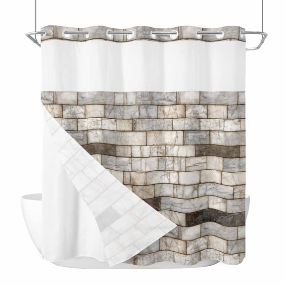 Brown Marble No Hook Shower Curtain with Snap in Liner Country Vintage Stone Wall Marble Brick Waterproof Bathroom Shower Curtain with See Through Top Window for Bathtub 72" x 72"