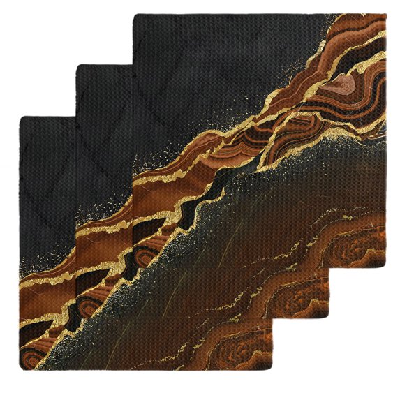 Brown Marble Kitchen Dish Towels for Drying Dishes Set of 3, Gold Abstract Vintage Modern Ombre Art Waffle Weave Microfiber Hand Tea Bathroom Towels Quick Dry & Absorbent Towel 12x12
