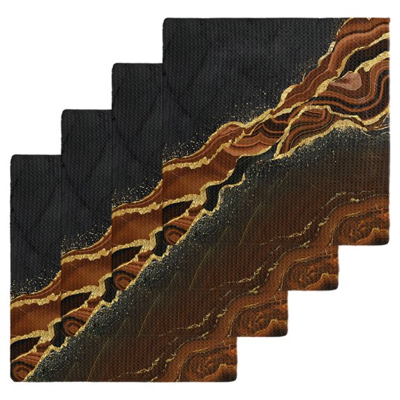 Brown Marble Kitchen Dish Towels for Drying Dishes Set of 4, Gold Abstract Vintage Modern Ombre Art Waffle Weave Microfiber Hand Tea Bathroom Towels Quick Dry & Absorbent Towel 12x12
