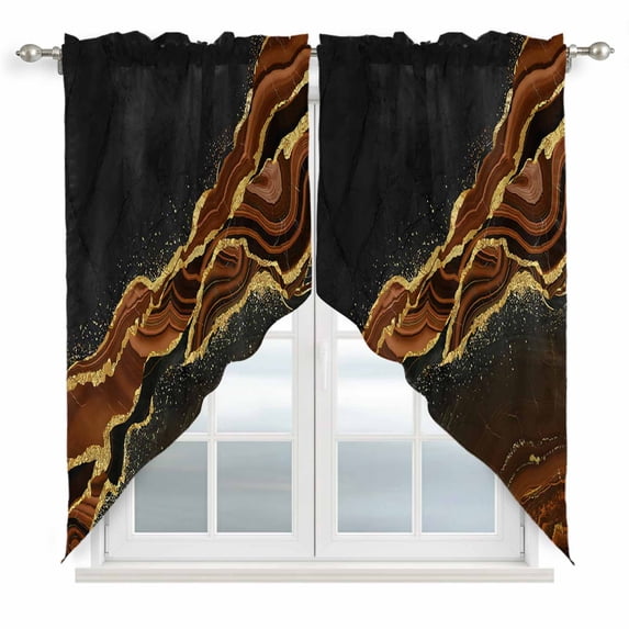 Brown Marble Kitchen Window Curtains, Swag Curtains Valance for Bedroom Living Room Bathroom, Gold Abstract Vintage Modern Ombre Art Rod Pocket Window Treatment Curtain Block Drapes 2 Panels 36"x36"