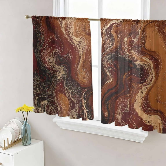 Brown Marble Semi Sheer Curtains 54 Inch Length 2 Panels Set, Ombre Abstract Striped Mottled Aesthetic Sheer Kitchen Curtain Privacy Voile Window Curtain for Living Room Bedroom Rod Pocket Drapes