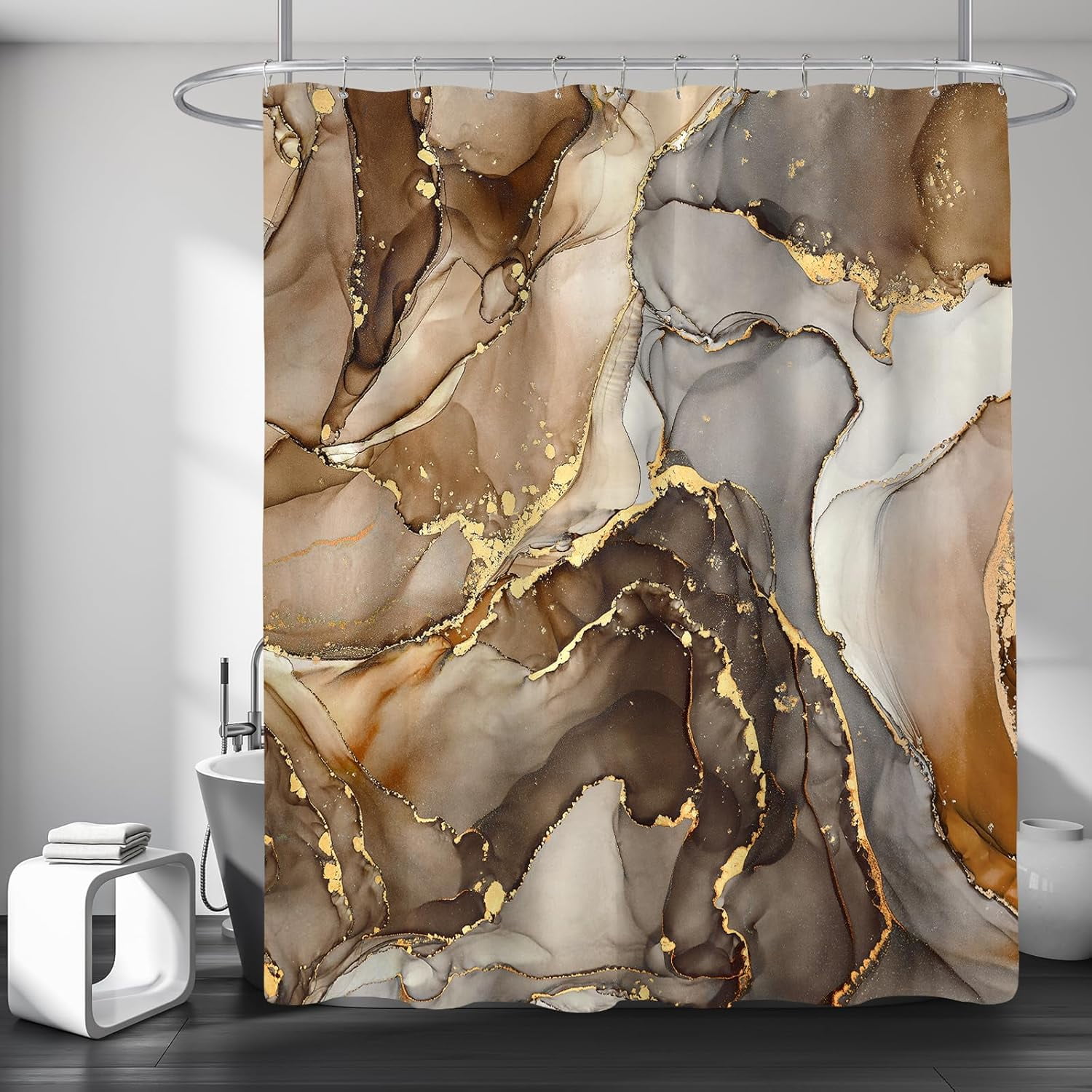 Brown Marble Shower Curtain, Modern Abstract Fabric Shower Curtain for Bathroom, Luxury Art Decor Brown Gold Ink Texture Watercolor Shower Curtain Set with Hooks 72"W x 84"L (Pack of 1)