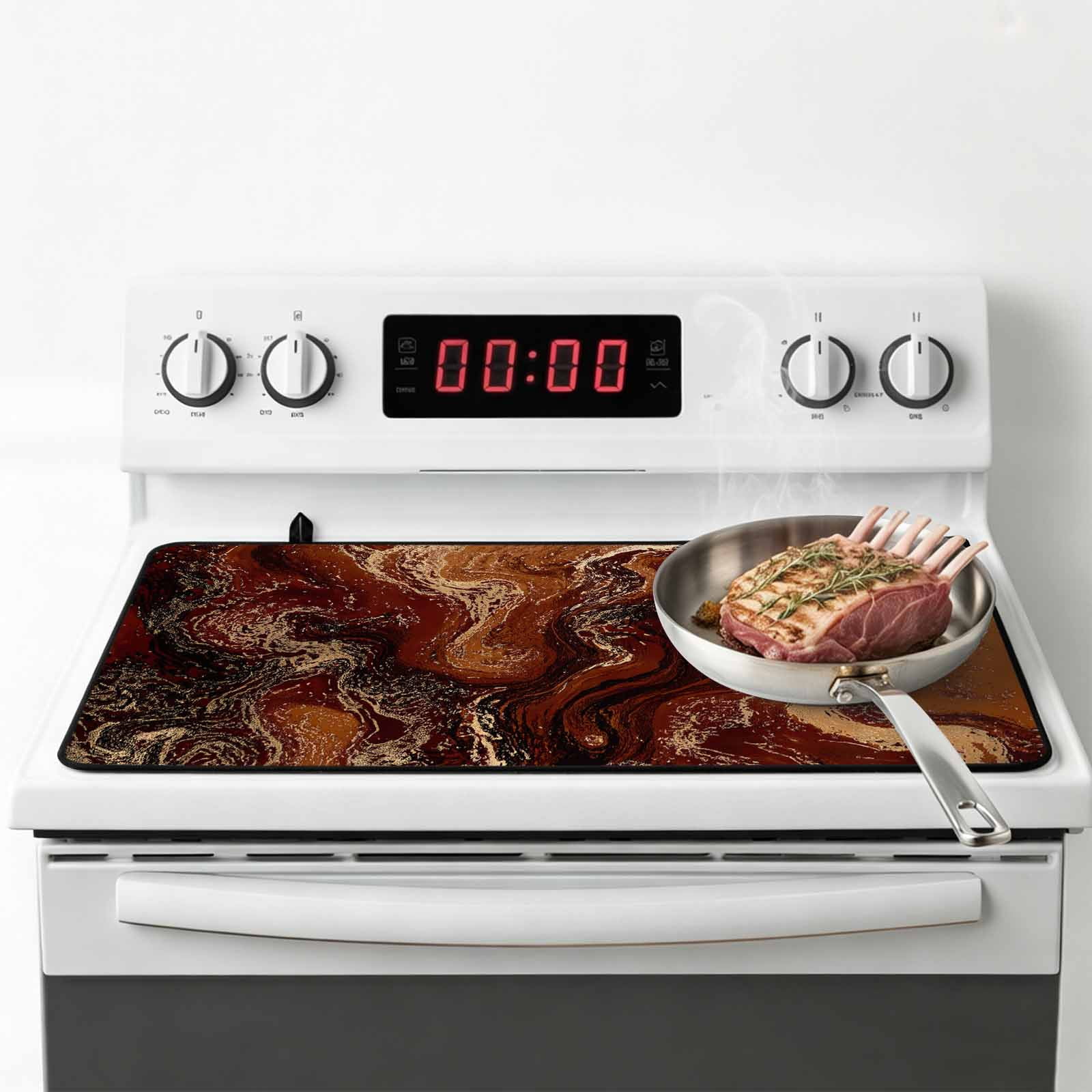 Brown Marble Stove Top Cover for Electric Stove, Heat-proof & Non Slip Glass Top Stove Cover Protector, Ombre Abstract Striped Mottled Aesthetic Kitchen Flat Cooktop Rubber Mat 28.5x20.5 Inches