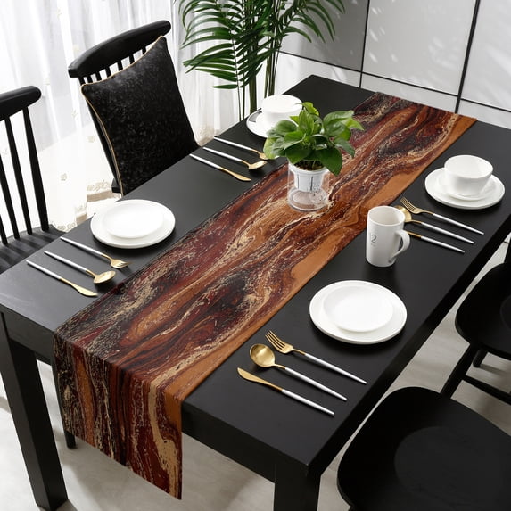Brown Marble Table Runner 70 Inches Long, Ombre Abstract Striped Mottled Aesthetic Kitchen Dining Burlap Linen Tablerunner for Small/Round/Square/Wedding/Coffee/Dining Table Party Home Décor 13 x 70