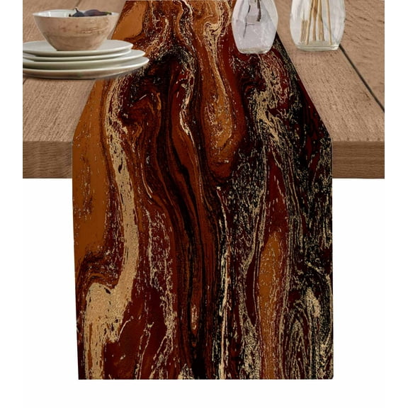 Brown Marble Table Runner Cotton Linen 108 Inch Holiday Dresser Scarves, Ombre Abstract Striped Mottled Aesthetic Tablerunner for Kitchen Coffee Dining Bedroom Dinner Scarf Décor 13''x108''