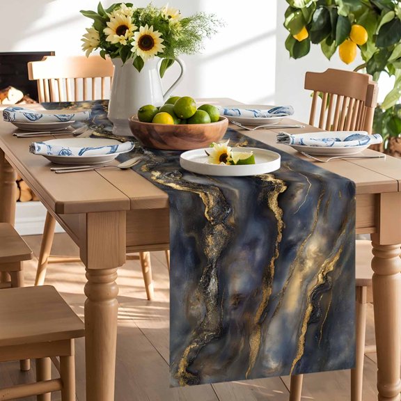 Brown Marble Table Runner, Modern Abstract Art Black Grey Gold Marble Waves Washable Kitchen Table Runners Dress Scarves for Dining Table Decorations Party/Restaurant/Indoor Outdoor Use, 13x120in