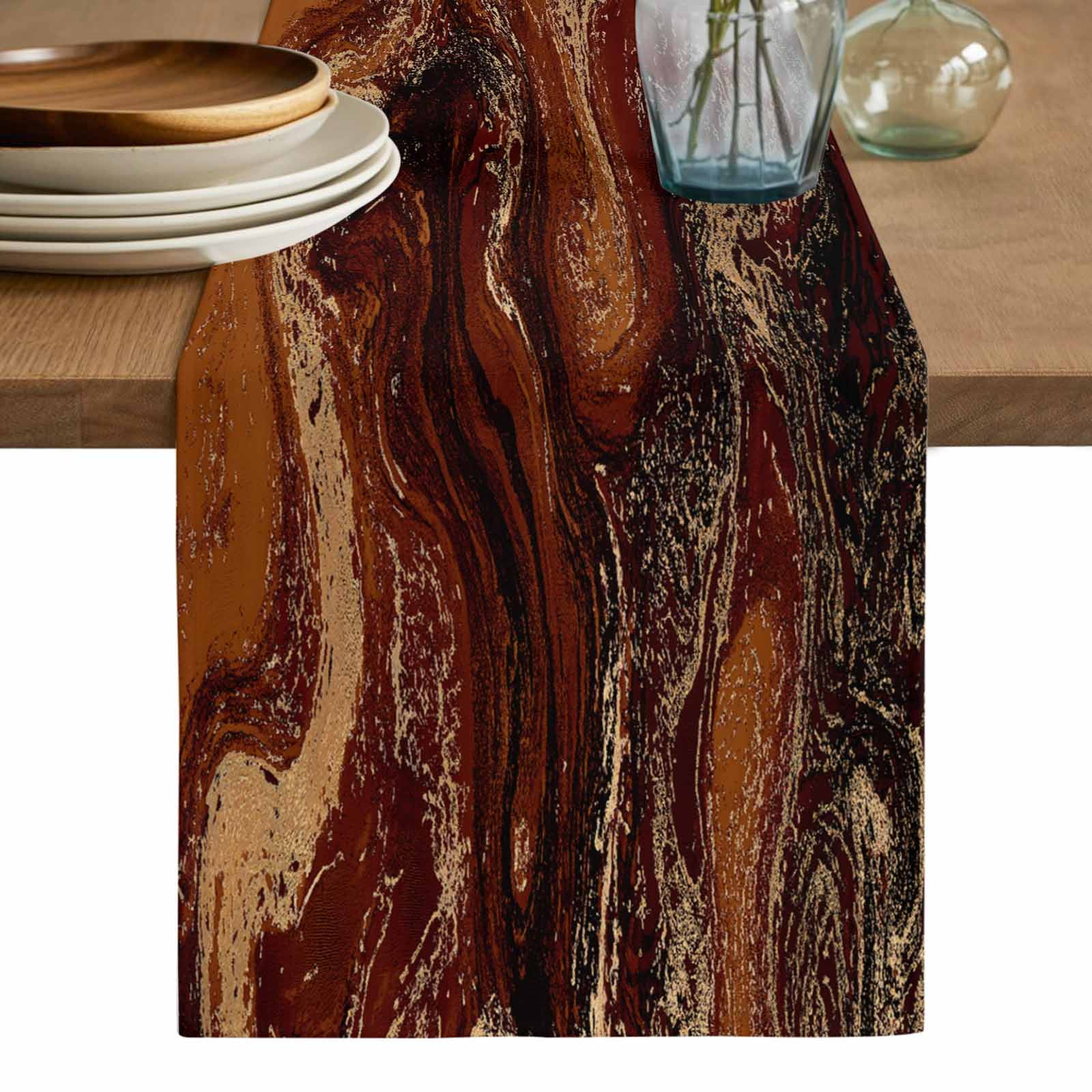 Brown Marble Table Runner, Ombre Abstract Striped Mottled Aesthetic Washable Cotton Linen Table Runners 90 Inches Long, Dresser Scarf Runner for Dining/Coffee/Kitchen/Hallway Tables 13''x90''