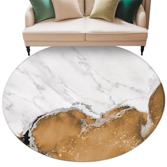 Brown Marble Texture Round Area Rug 8ft Abstract Retro Wave Washable Rugs for Living Room, Non Slip Soft Carpet for Bedroom Entryway Dining Room
