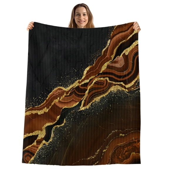 Brown Marble Throw Blanket, Flannel Fleece Blanket with Striped Design for Couch, Gold Abstract Vintage Modern Ombre Art Soft Breathable All Season Plush Blankets for Sofa Office Chair 30"x40"