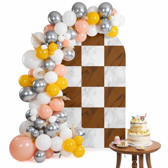 Brown Marble Tiles Boho Arch Backdrop Cover 4 Ft Abstract White Checkered Geometric Plaid Spandex Fitted Stretchy Arch Cover, Round Top Chiara Backdrop Cover for Wedding Birthday