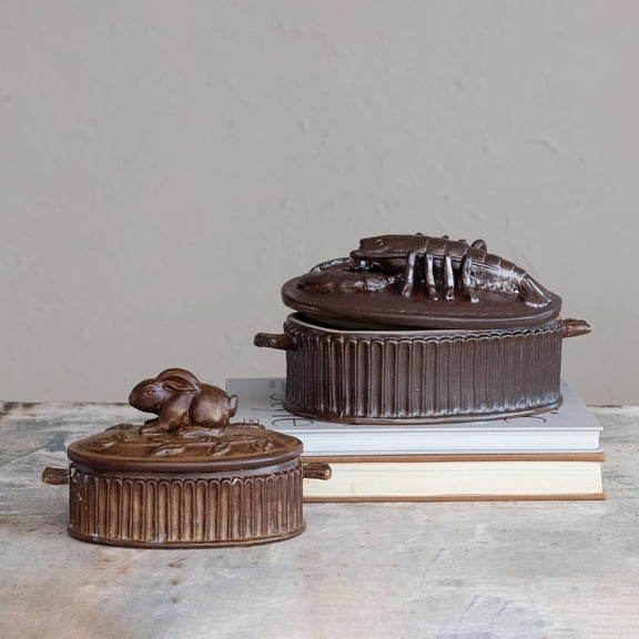 , Brown Matte Stoneware Baker with Lobster Design, Large