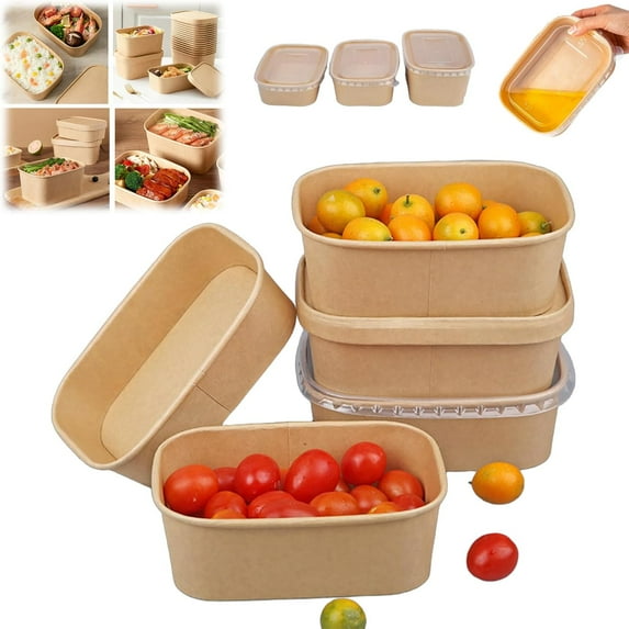 Brown Meal Prep Containers With Lids, Disposable Kraft Paper Bowls with Lids, Freezer Meal Prep Containers Disposable with Lids, Rectangle Food Containers Party Supplies Treat Bowls (25.36oz,60PCS)