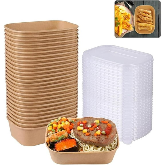 Brown Meal Prep Containers with Lids, Rectangle Food Kraft Paper Meal Prep Bowls, Biodegradable Lunch Box, Compostable Take out Food Container for Salad Fruit Soup Snack, Microwave Safe(25PCS,650ML)
