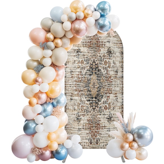 Brown Medallion Arch Backdrop Covers 5 FT, Vintage Classic Floral Arabesque Scroll Stretchy Fitted Arched Stand Covers