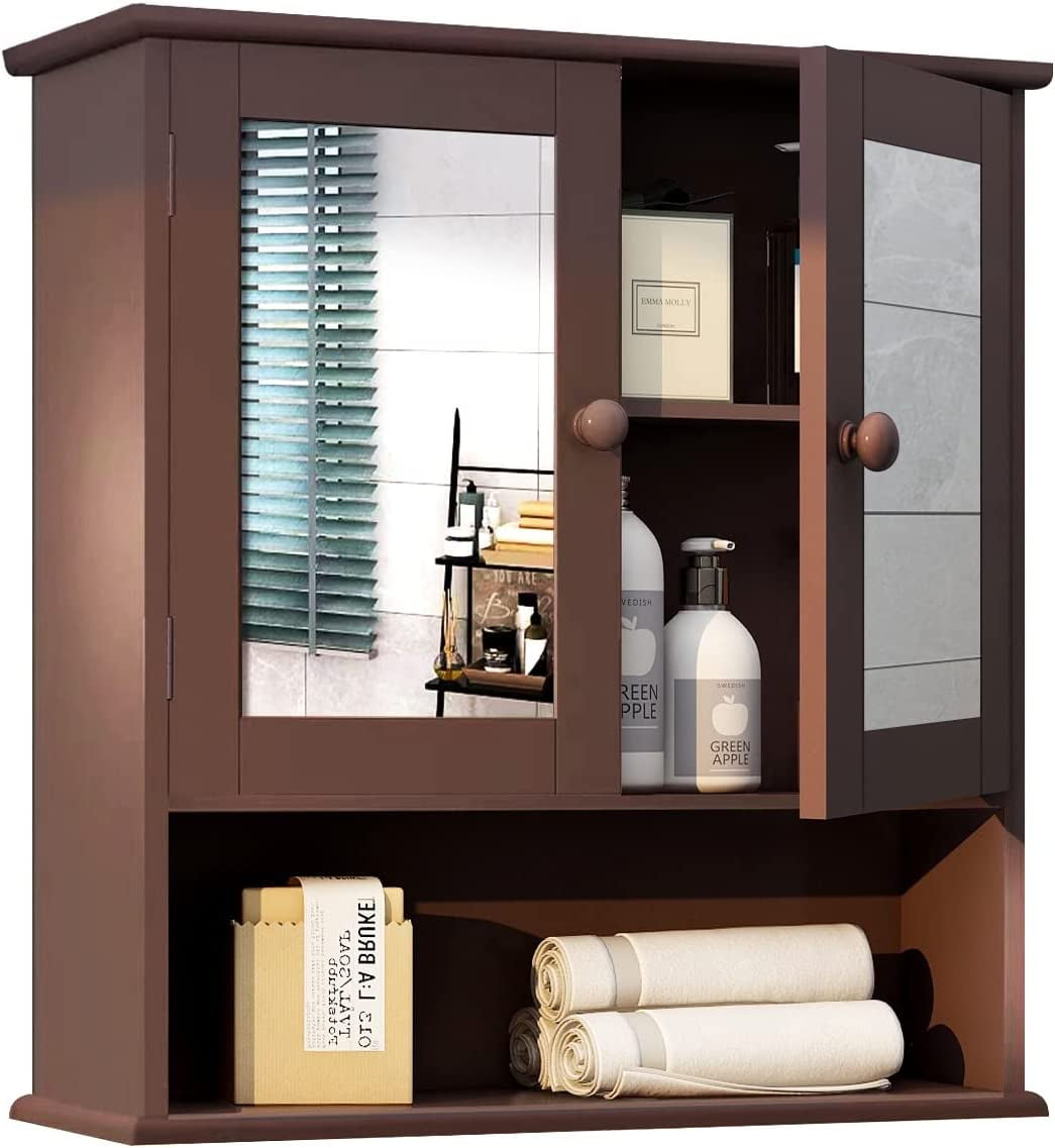 Brown Medicine Cabinets for Bathroom with Mirror 2 Doors 3 Open Shelf ...