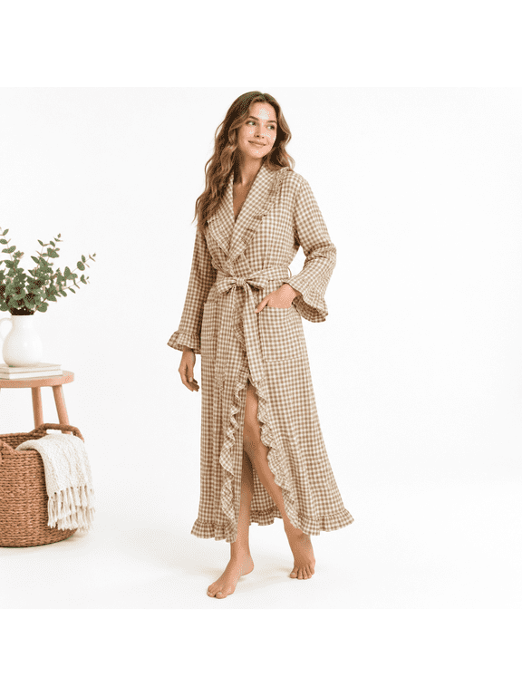 Brown Medium Womens Gingham Long Sleeve Ruffle Wrap Cotton Bathrobe