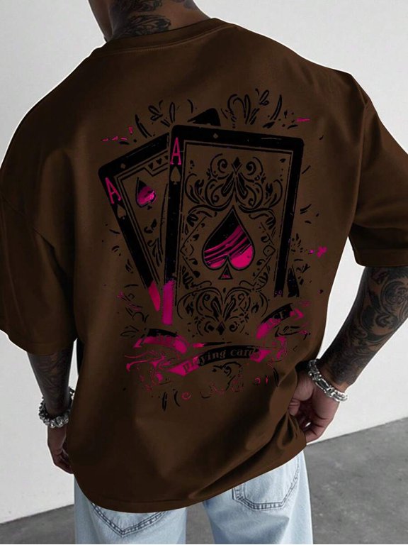 Brown Mens Oversized Retro Ace Of Spades Playing Card Graphic T-Shirt