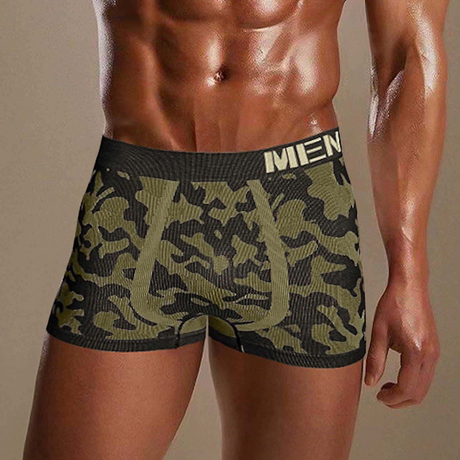 Brown Mens Underwear Men Camouflage Printed Breathable Mid Waist